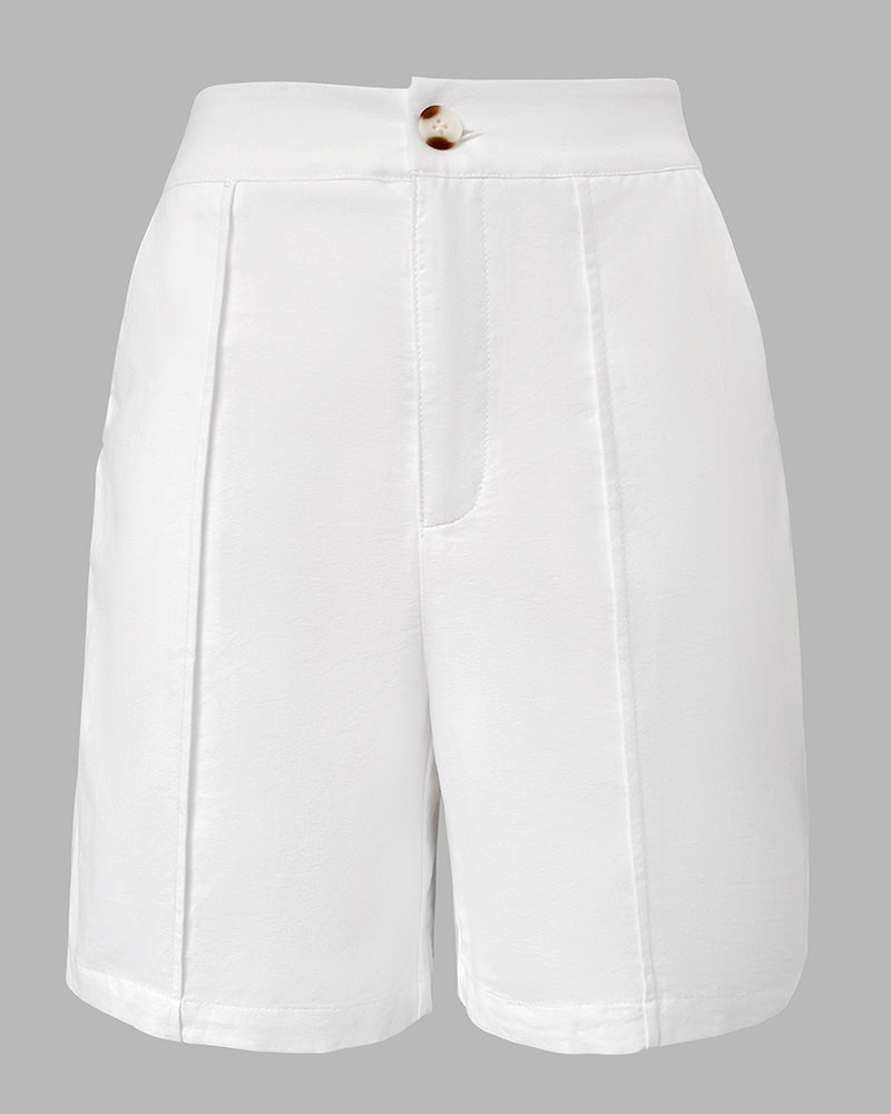 2 Pieces Outfit V Neck Button Front Flap Detail Vest Top and Casual Pockets Design Zipper Fly Elastic Back Waist Shorts Set