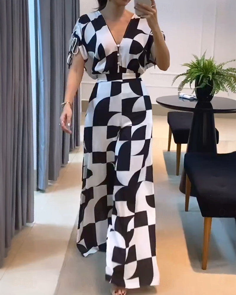 Geometric Print V-Neck Short Sleeve Zipper Jumpsuit