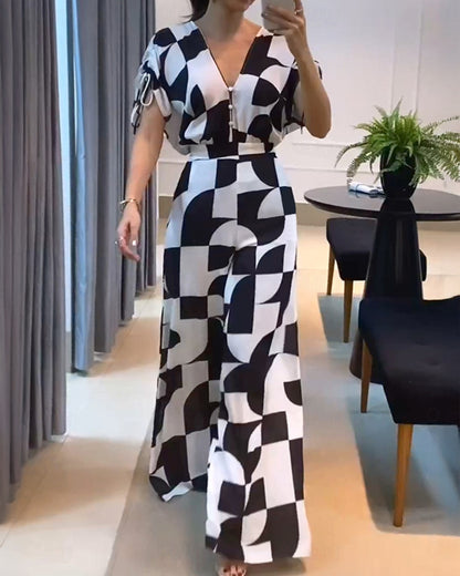 Geometric Print V-Neck Short Sleeve Zipper Jumpsuit