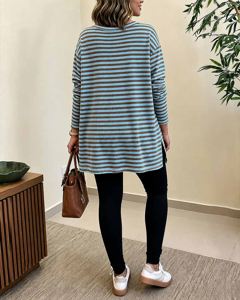 Women's Striped Henley Neck Waffle Knit Top Casual Loose Side Slit Long Sleeve Pullover