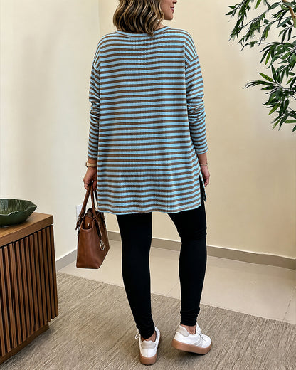 Women's Striped Henley Neck Waffle Knit Top Casual Loose Side Slit Long Sleeve Pullover