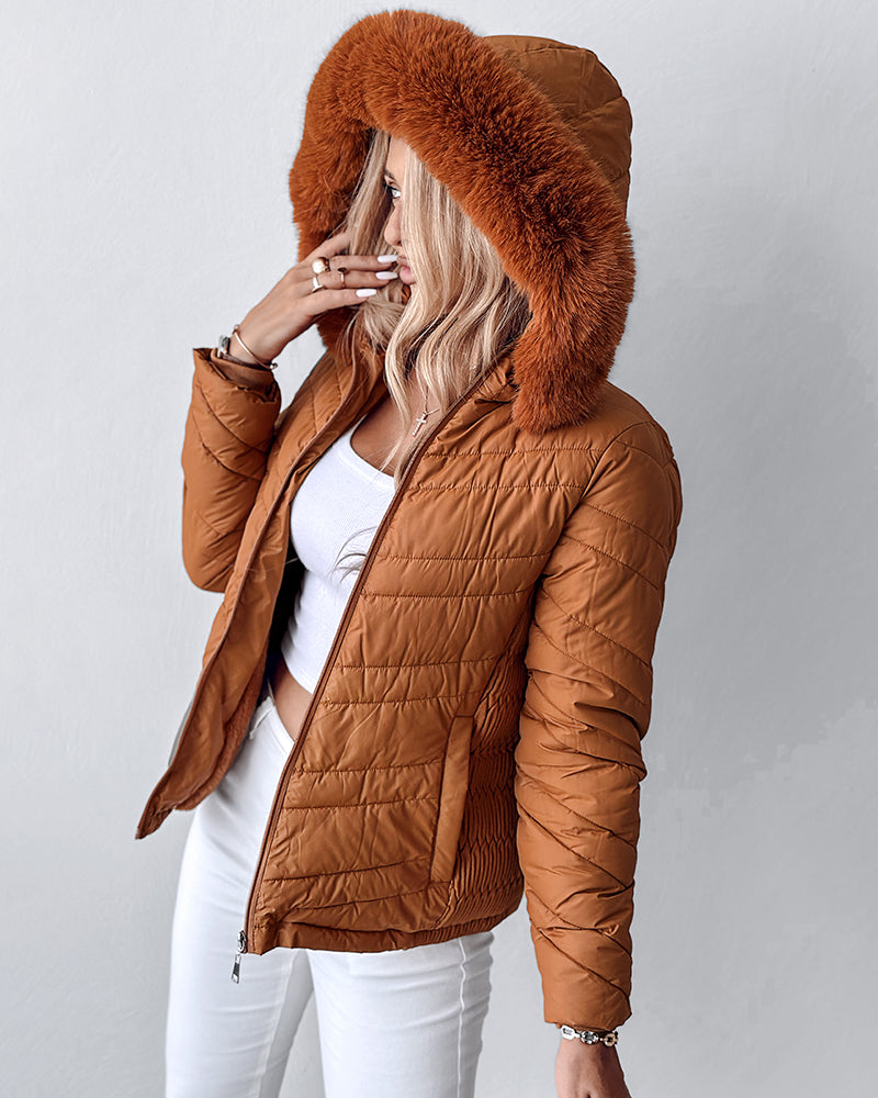 Zipper Pocket Design Shirred Fuzzy Trim Fleece Lined Hooded Puffer Jacket