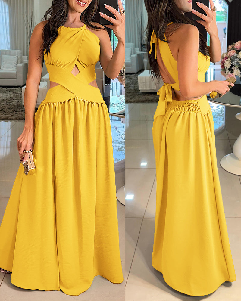 Halter Sleeveless Tied Detail Shirred Criss Cross Flared Dress Glamorous Evening Dress