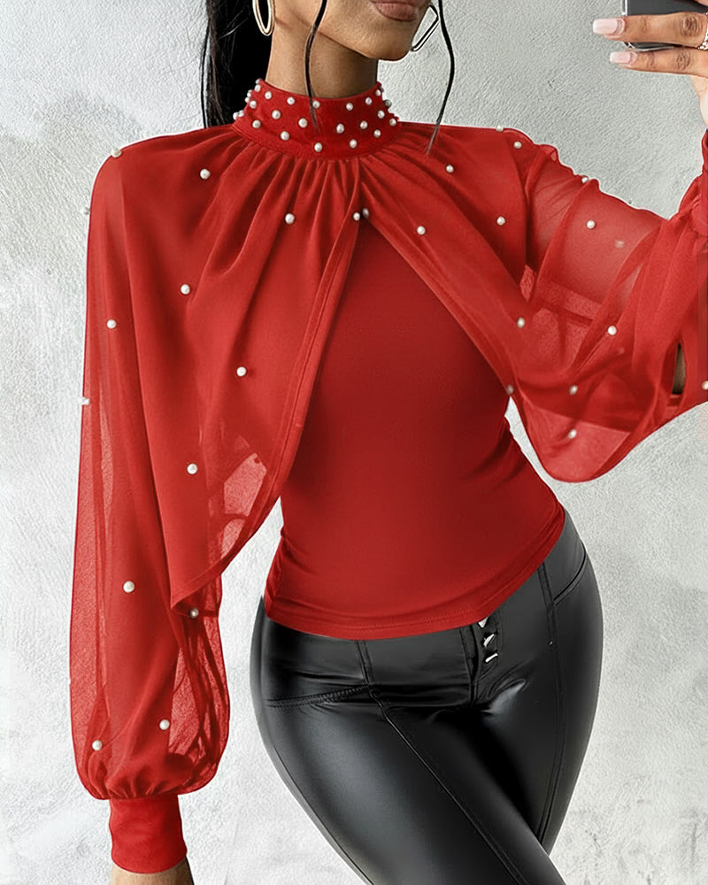 Pearls Decor High Neck Chiffon Draped Cape-style Cloak Sleeve Spliced Tee Ruched Hollow-out Back Slim Fit Top