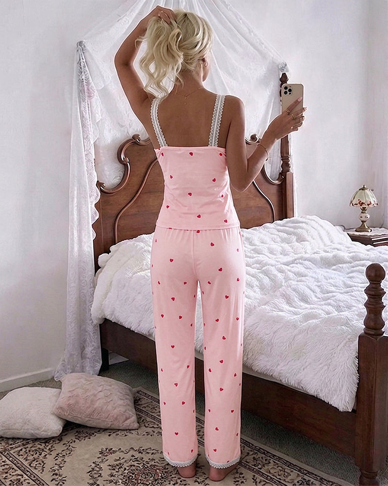 Women's 2 Piece Heart Print Pajama Set Lace Trim U-Neck Cami Top and Pants Sweet Lounge Set with Pockets