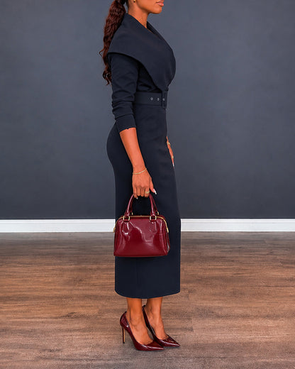 Women's Lapel Collar Wrap V-Neck Long Sleeve Slit Midi Dress with Belt