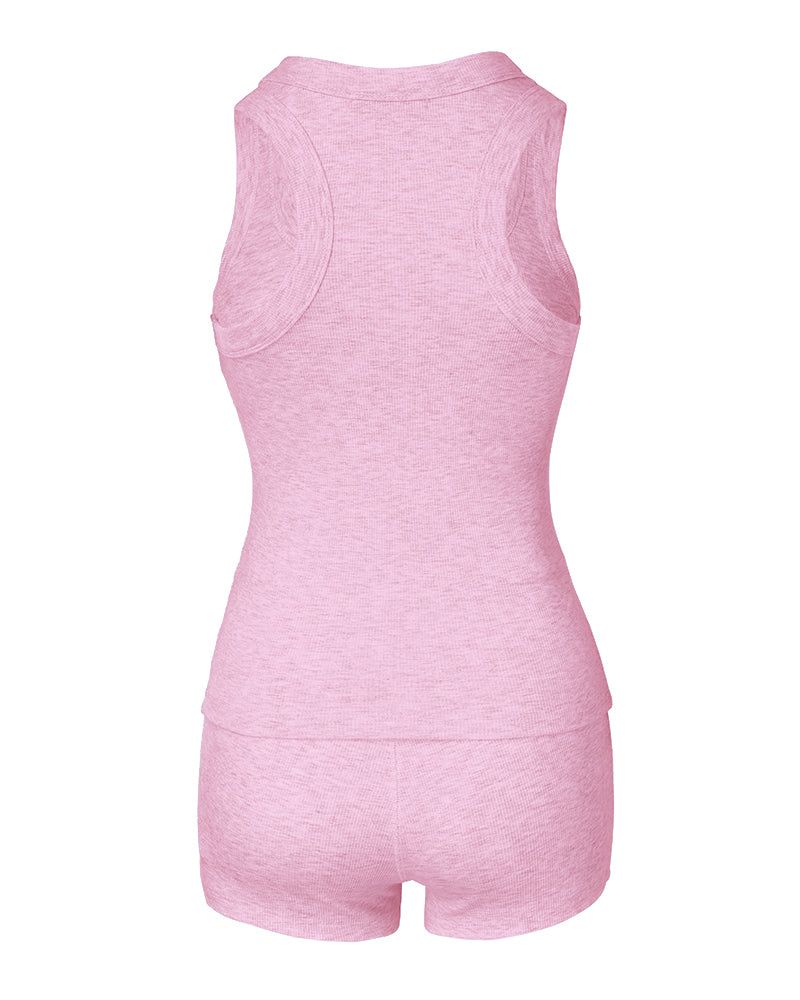 2PCS Micro-Ribbed U-Neck Tank Top & Boxer Set Cozy Loungewear