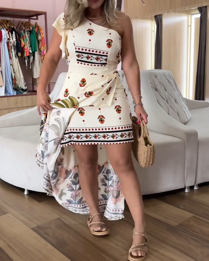 Tribal Print One Shoulder Flutter Sleeve Dress Casual Slim Fit Slit Asymmetrical Hem Vacation Dress