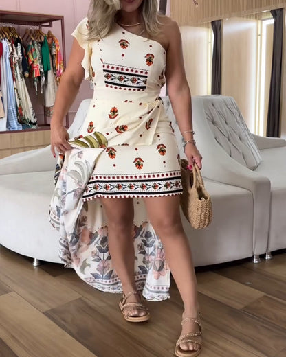 Tribal Print One Shoulder Flutter Sleeve Dress Casual Slim Fit Slit Asymmetrical Hem Vacation Dress