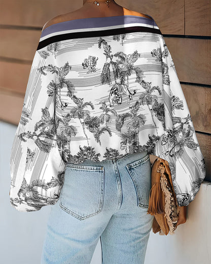 Ink Plants & Animal Placement Print Skew Neck Lantern Sleeve Blouse Casual Contrast Striped Loose Fit Top