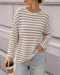 Women's Striped Textured Knit Long Sleeve T-Shirt Casual Side Slit Loose Fit Top