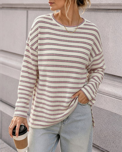 Women's Striped Textured Knit Long Sleeve T-Shirt Casual Side Slit Loose Fit Top