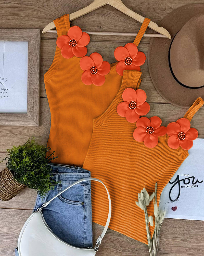 1PC Floral Pattern Beaded Decor Knit Tank Top Sleeveless Shirt