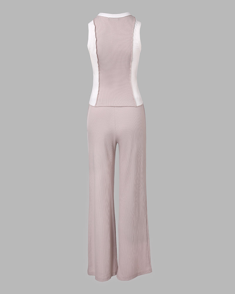 2 Pieces Outfit O-neck Slim Fit Tank Top and Drawstring Elastic Waist Straight Leg Pants Set Casual Colorblock Ribbed Set