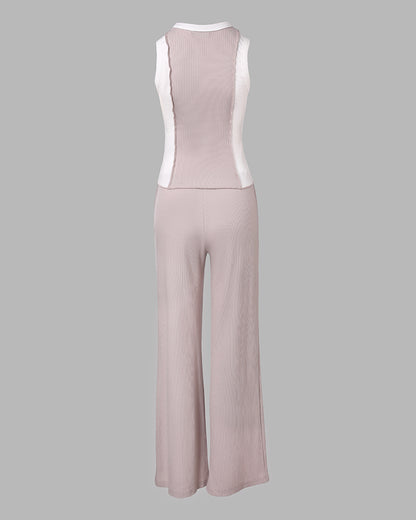 2 Pieces Outfit O-neck Slim Fit Tank Top and Drawstring Elastic Waist Straight Leg Pants Set Casual Colorblock Ribbed Set