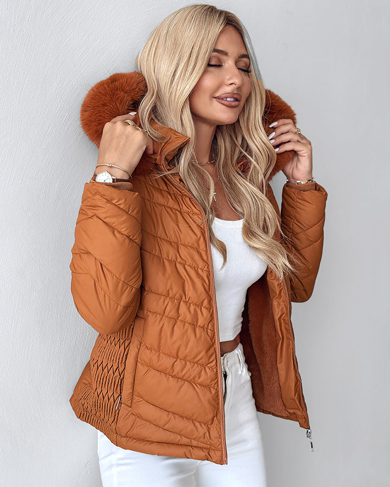 Zipper Pocket Design Shirred Fuzzy Trim Fleece Lined Hooded Puffer Jacket