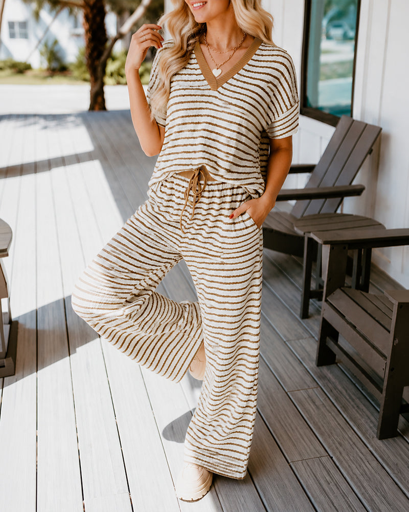 Women's 2 Piece Striped Lounge Set V Neck Short Sleeve Top and Wide Leg Pants Set