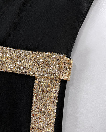 Sequin Bowknot Decor Contrast Sequin Paneled Square Neck Long Sleeve Jumpsuit Casual Cinched Waist Wide Leg Jumpsuit