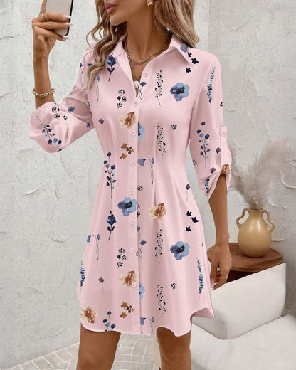 Watercolor Floral Print Turn-down Collar Turn-Up Sleeves Shirred Back Shirt Dress Casual Button Down Cinched Waist Asymmetrical Hem Vacation Dress