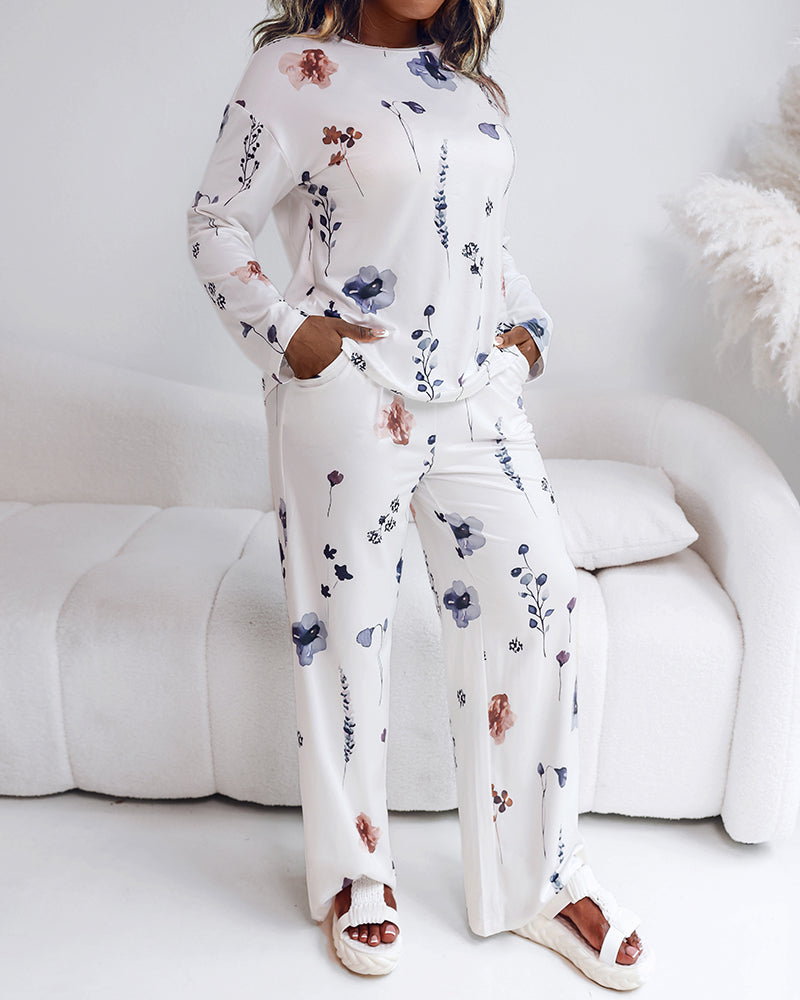 2 Pieces Outfit Floral Print Long Sleeve Drop Shoulder Top and Elastic Waist Pants Sets Casual Pajamas Set