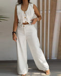 2 Pieces Outfits V Neck Sleeveless Button Front Vest Crop Top And Casual Zipper Fly Elastic Back Waist Wide Leg Pants Set