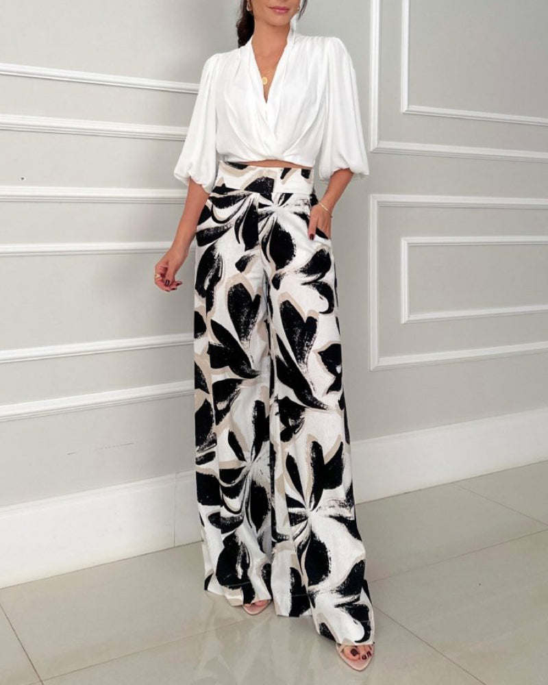 2 Pieces Outfit Wrap Plunge V Neck Crop Blouse and Casual Floral Print Wide Leg Pants Set