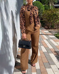 2 Pieces Outfit Leopard Print Spliced Tie Neck Long Sleeve Double Breasted Front Flap Detail Top and Zipper Fly Wide Leg Pants Set Casual Commuting Set