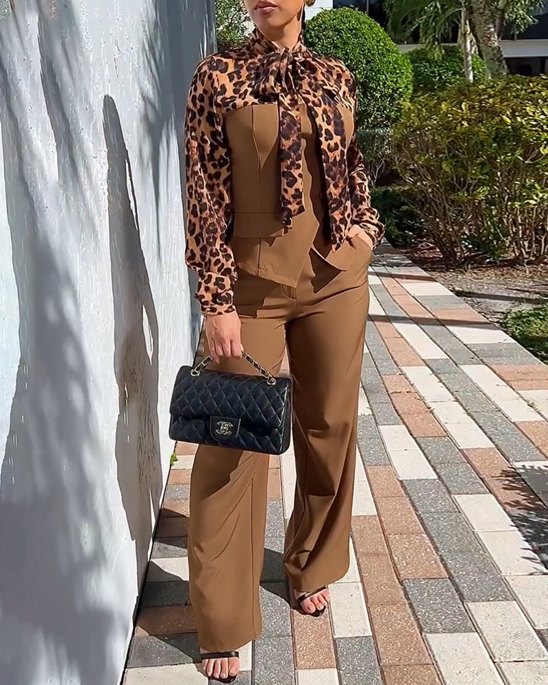 2 Pieces Outfit Leopard Print Spliced Tie Neck Long Sleeve Double Breasted Front Flap Detail Top and Zipper Fly Wide Leg Pants Set Casual Commuting Set
