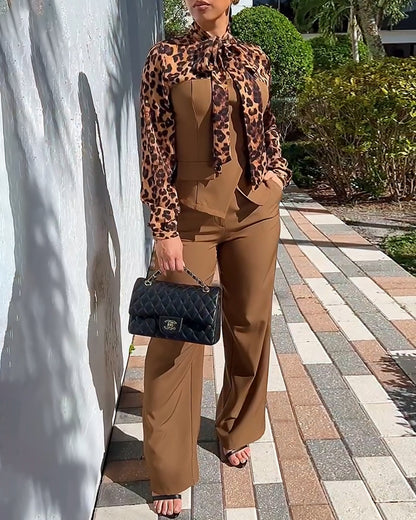 2 Pieces Outfit Leopard Print Spliced Tie Neck Long Sleeve Double Breasted Front Flap Detail Top and Zipper Fly Wide Leg Pants Set Casual Commuting Set