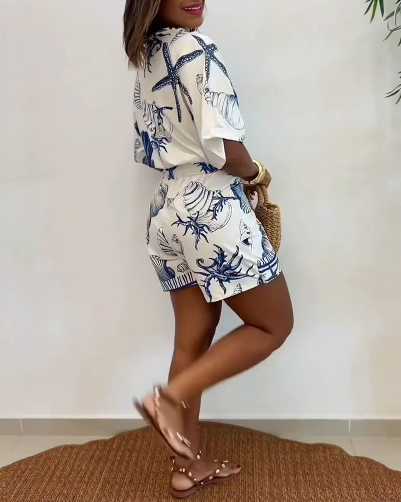 Starfish & Seashell Print Overlap V Neck Half Sleeve Wrap Knot Side Romper Casual Stretchy Back Waist Vacation Romper