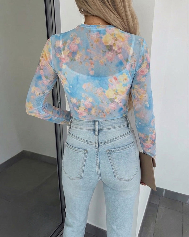 Women's Watercolor Floral Mesh Long Sleeve Top Sheer O-Neck Slim Fit Blouse for Casual Streetwear & Layering