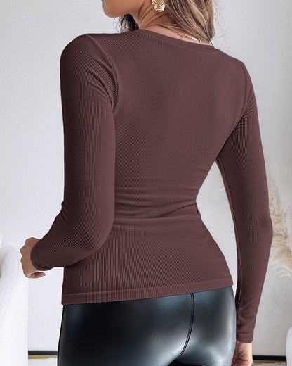 Built In Bra U Neck Tee High Stretchy Knit T-Shirt Long Sleeve Top