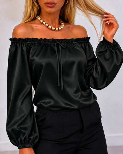 Women's Off Shoulder Satin Frill Trim Tie Front Lantern Sleeve Top