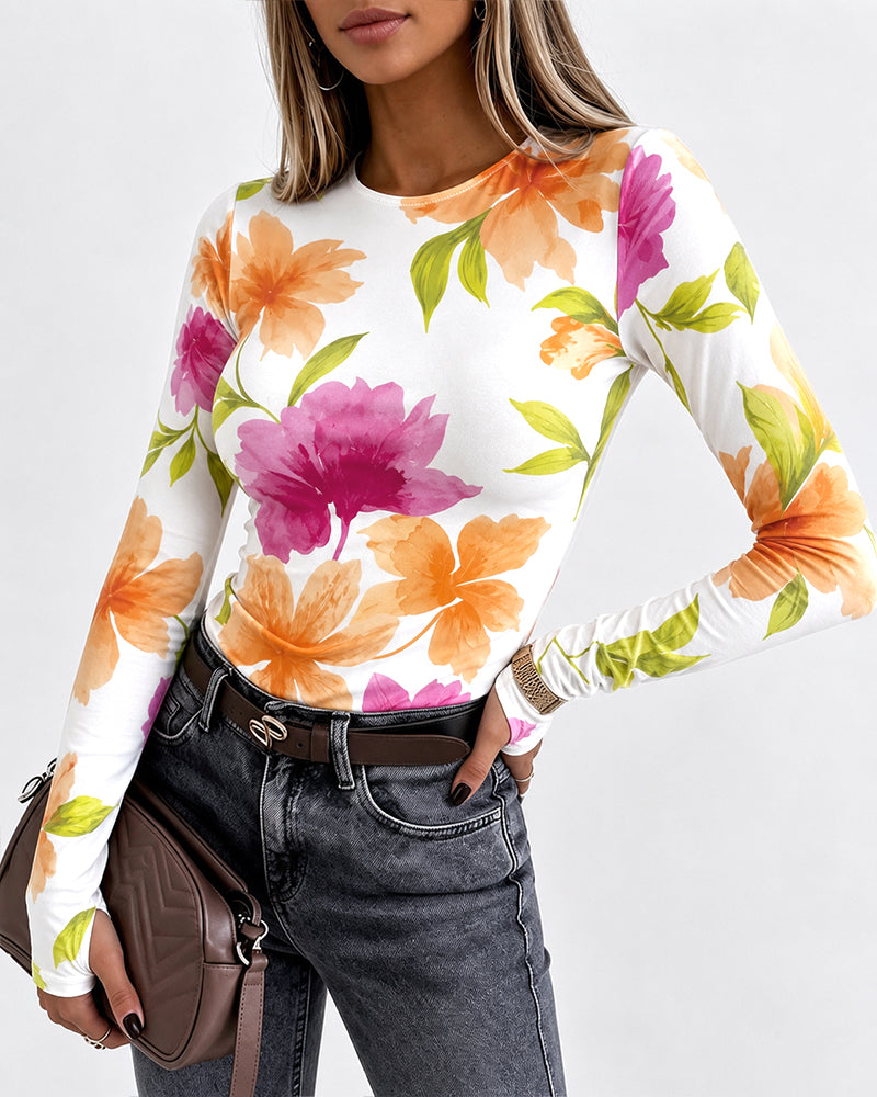 Women's Floral Print Long Sleeve Top Slim Fit Tee with Thumb Holes