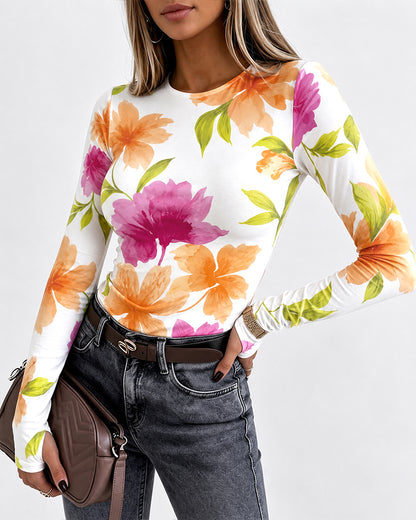 Women's Floral Print Long Sleeve Top Slim Fit Tee with Thumb Holes