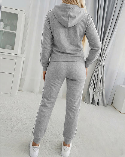Women's Side Contrast Spliced 2-Piece Set Drawstring Hooded Sweatshirt and Jogger Set Casual Tracksuit