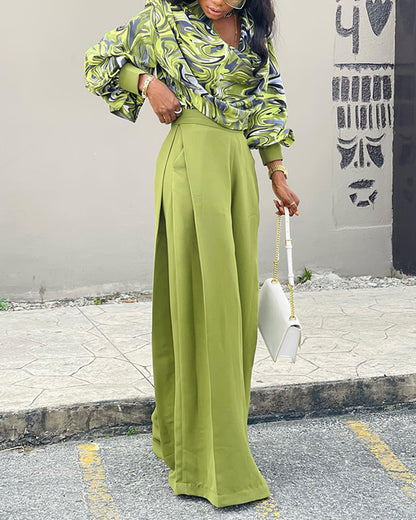 2 Pieces Outfit Abstract Print Cowl Neck Lantern Sleeve Stretchy Hem Crop Top and Casual Zipper Side Ruched Wide Leg Pants Set