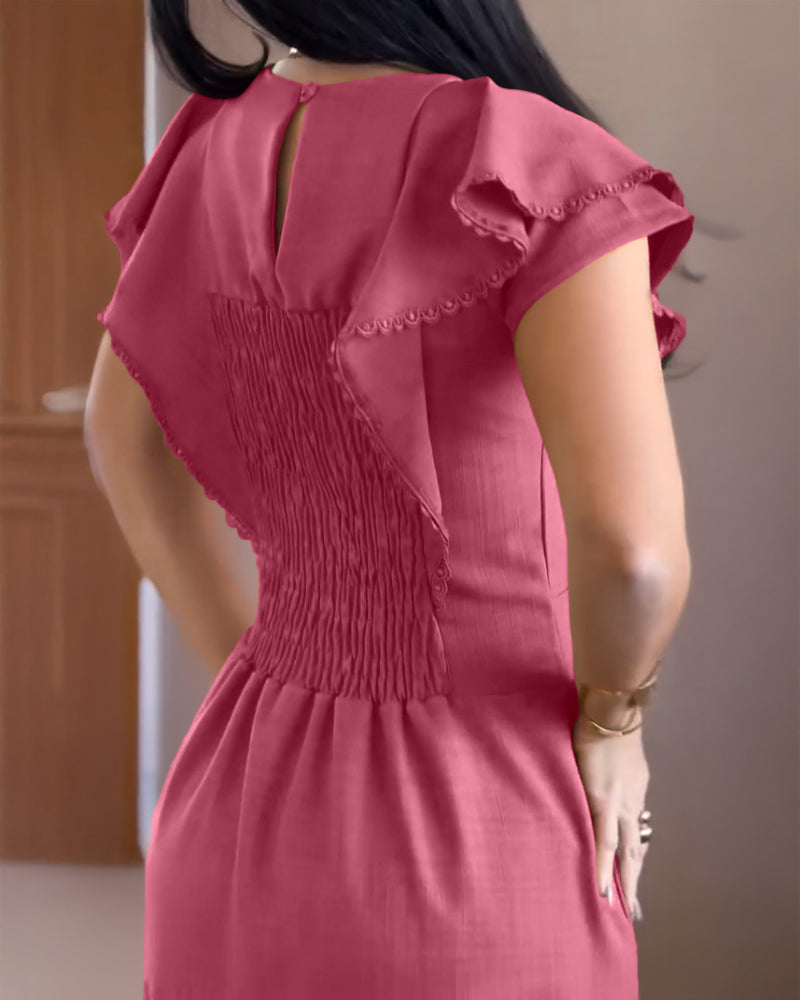 Butterfly Sleeve Hollow-out Back Shirred Work Dress Casual Cinched Waist Lace Trim Ruffle Hem Dress