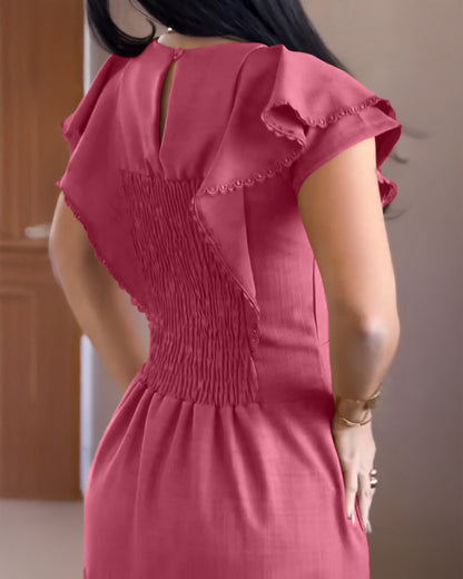 Butterfly Sleeve Hollow-out Back Shirred Work Dress Casual Cinched Waist Lace Trim Ruffle Hem Dress