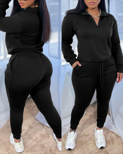 2 Pieces Outfit High Neck Half Zip Drop Shoulder Top and Drawstring Elastic Waist Slim Fit Jogger Pants Set Casual Tracksuit