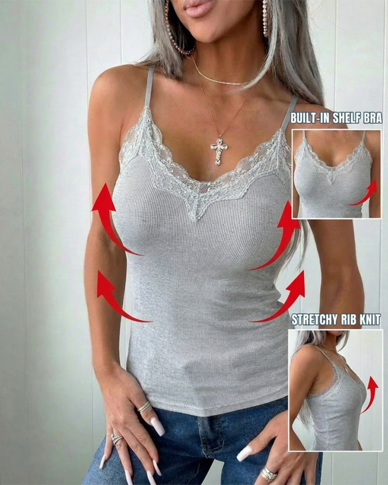 French Style V-Neck Spaghetti Straps Lace Spliced Top Slim Fit Ribbed Cami Top with Built-In Bra