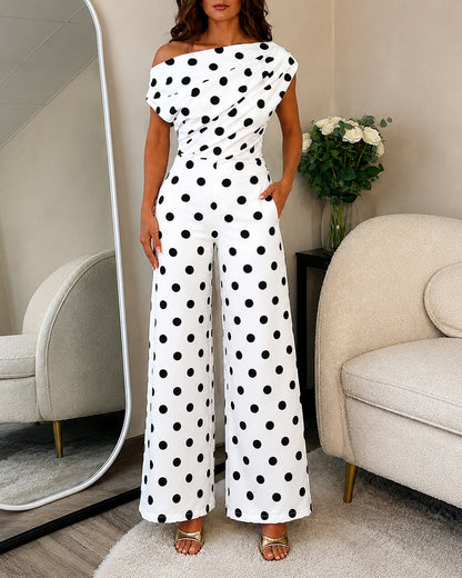 Women's Polka Dot Jumpsuit Skew Neck Ruched Wide Leg Overalls Casual High Waisted Jumpsuit with Pockets