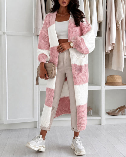 Women's Checkerboard Knit Cardigan Oversized Long Chunky Sweater Loose Lantern Sleeve Coat with Pockets
