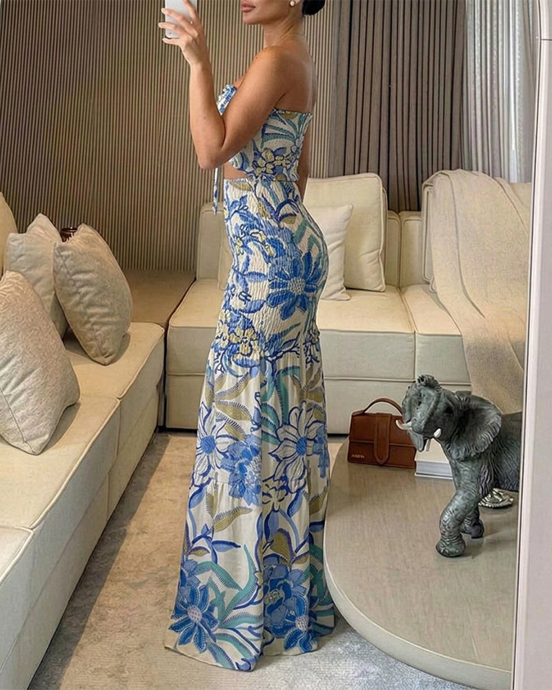 CHICME Women's Tropical Floral Bandeau Dress Sexy Drawstring Cutout Shirred Waist Mermaid Dress Ruffle Hem Vacation Maxi Dress