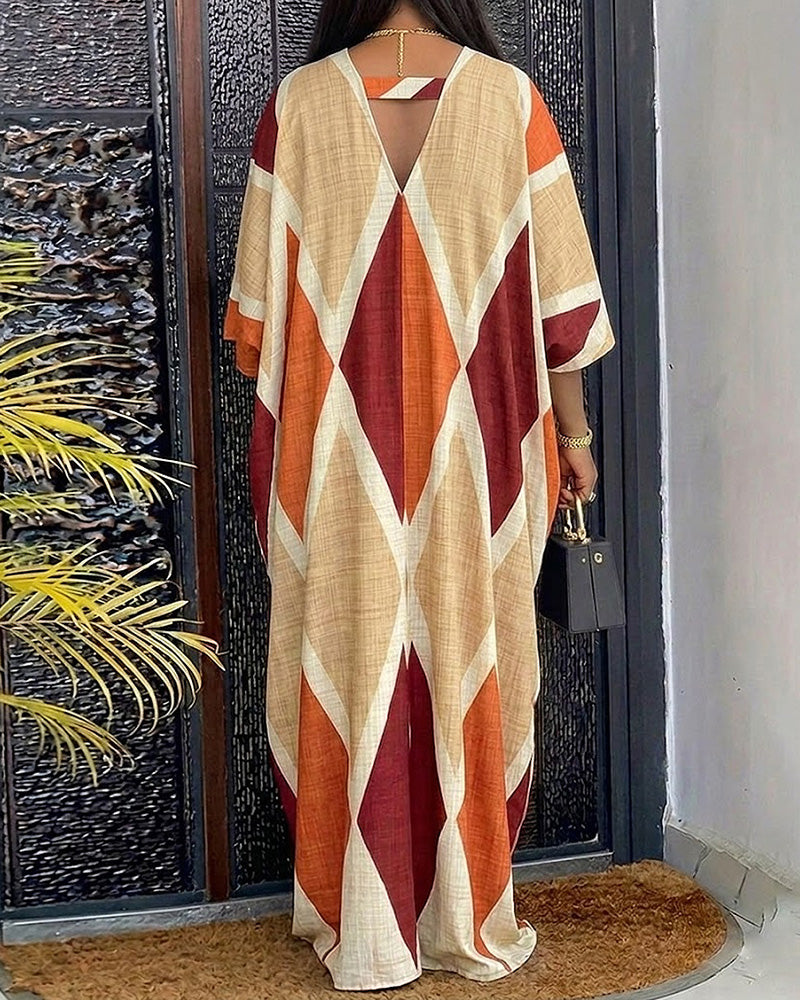 Women's Oversized Argyle Kaftan Maxi Dress V Neck Batwing Sleeve Hollow-out Beach Robe Long Dress with Pockets