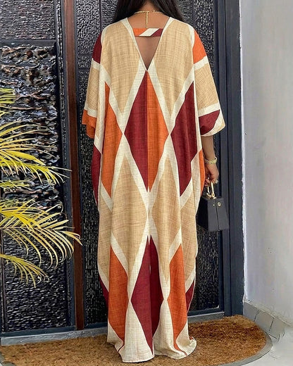 Women's Oversized Argyle Kaftan Maxi Dress V Neck Batwing Sleeve Hollow-out Beach Robe Long Dress with Pockets
