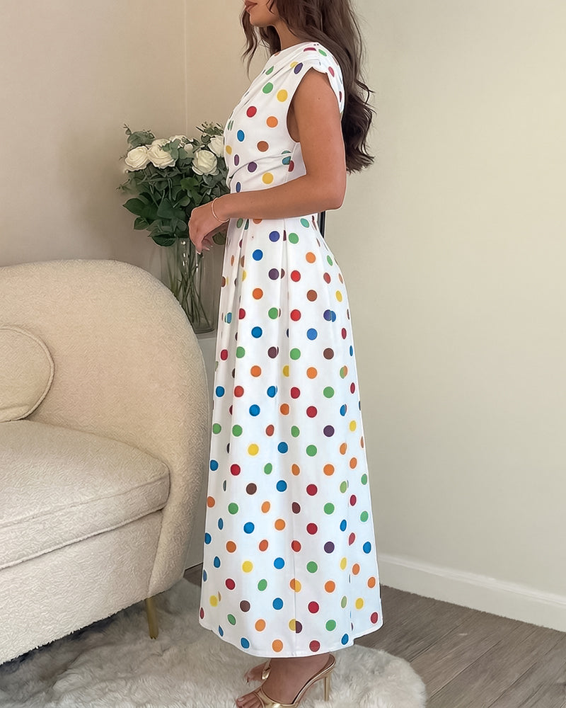 Women's Skew Neck Midi Dress Ruched Polka Dot Vacation Dress High Waisted A-Line Sundress with Pockets