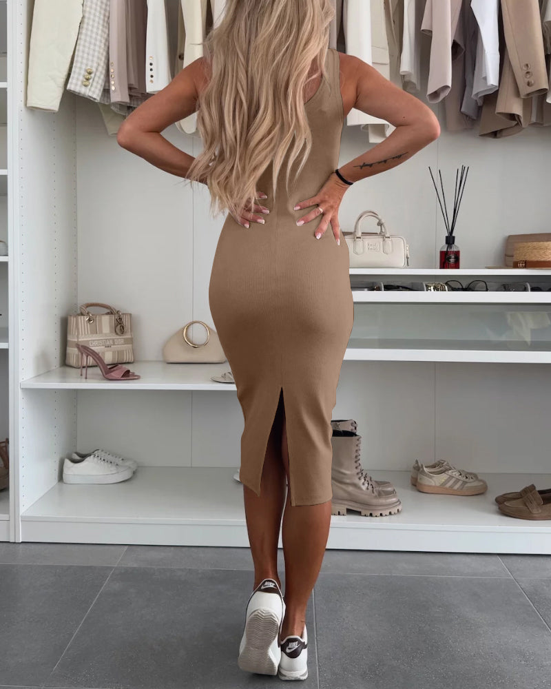 2 Pieces Outfit U-Neck Slit Back Slim Fit Knit Tank Dress and Pearl Button Front Baseball Coat Casual Ribbed Set