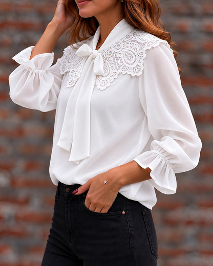 Women's Guipure Lace Spliced Tie Neck Long Sleeve Chiffon Blouse