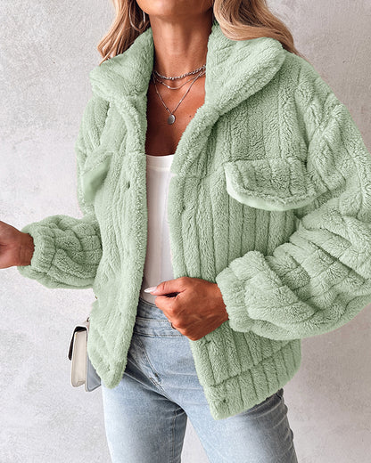 Textured Striped Turn-down Collar Button Front Elastic Cuff and Hem Teddy Fleece Jacket With Decorative Flap Pockets